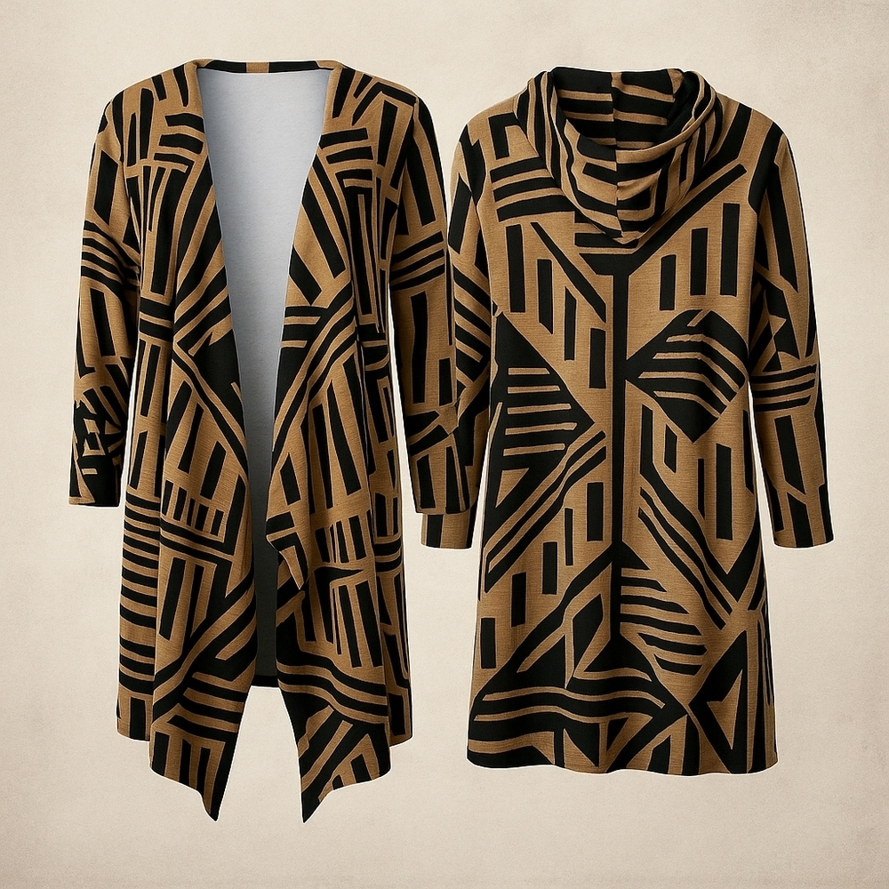 Cupio XL Duster Cardigan Tan Black Geometric Knit Hooded Draped Long Sweater EUC